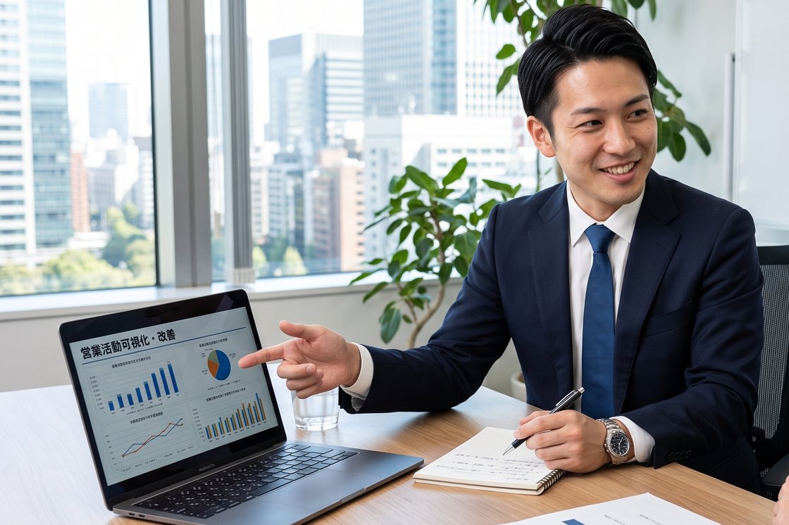 営業活動の可視化・改善を説明するコンサルタント