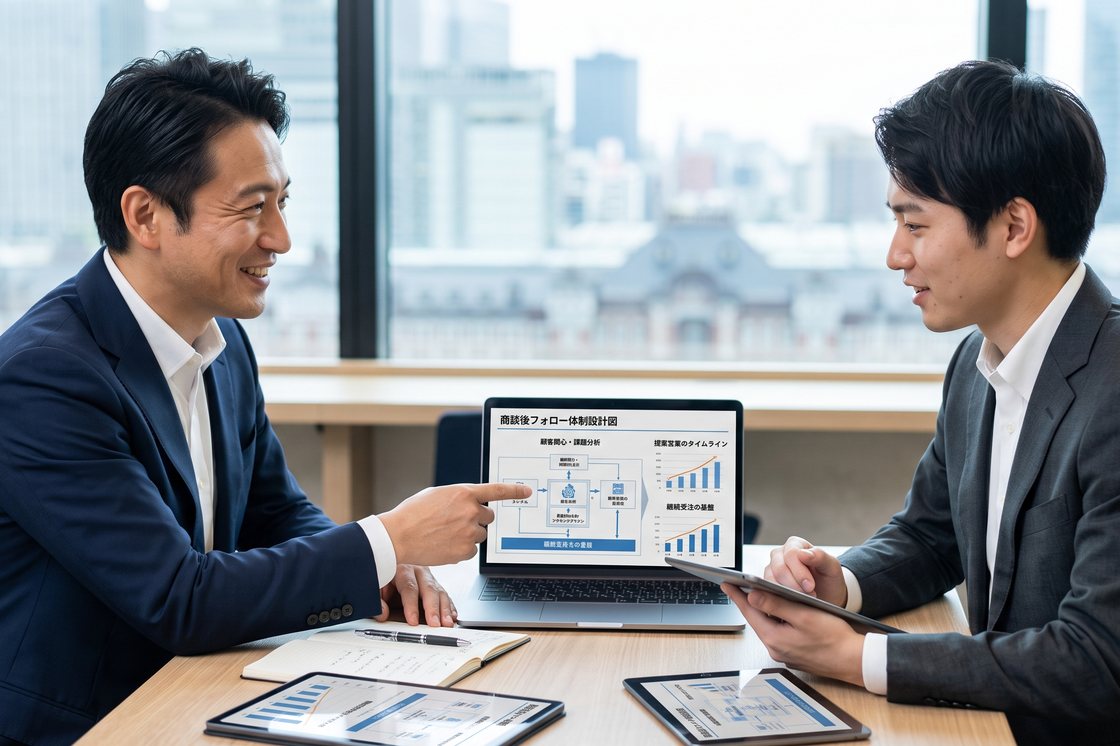 商談後フォロー体制の設計を説明する商談シーン